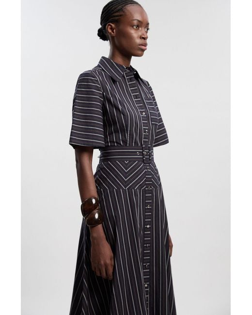 Karen Millen Black Cotton Stripe Woven Shirt Dress