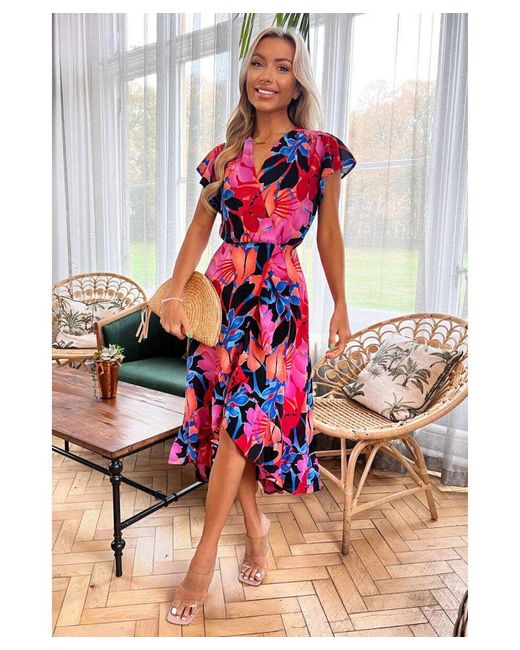 AX Paris Red Multi Floral Printed Wrap Over Top Frill Hem Midi Dress