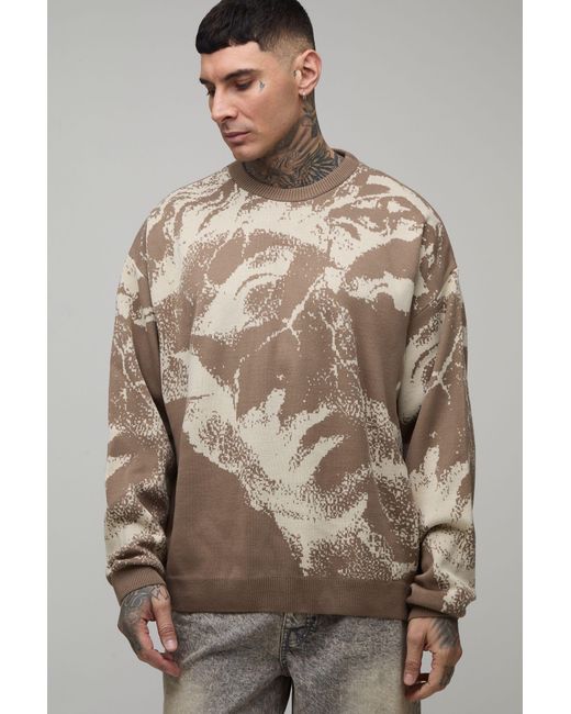 BoohooMAN Brown Tall Oversized Renaissance Jacquard Knitted Jumper for men