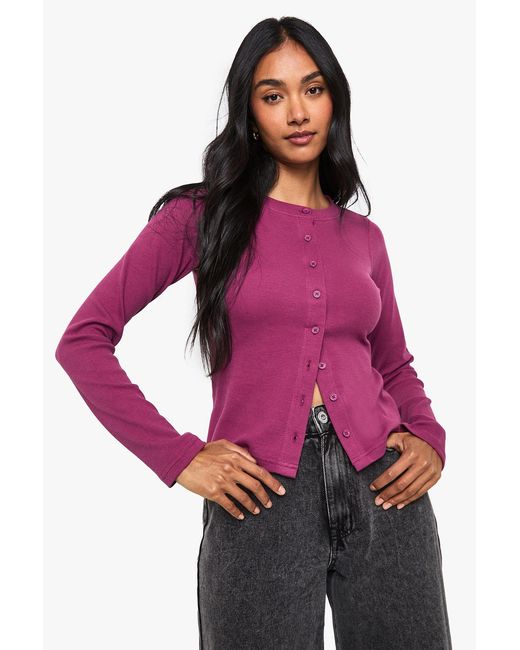 Boohoo Pink Rib Button Through Long Sleeve Top