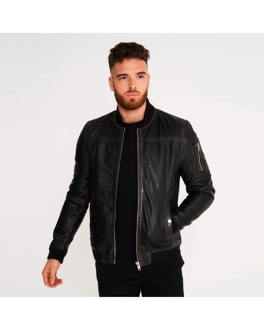 Barney's Originals Black Washed Leather Bomber Jacket for men