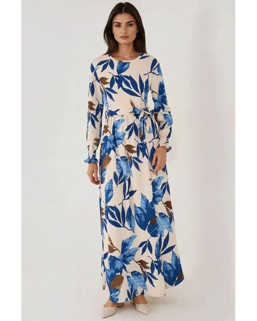 Hiccup Blue Floral Print Crew Neck Long Sleeve Maxi Dress
