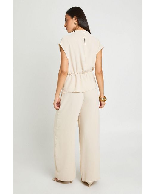 Boohoo Natural Petite Hammered Knot Front Cowl Neck Blouse Wide Leg Trouser Co-Ord