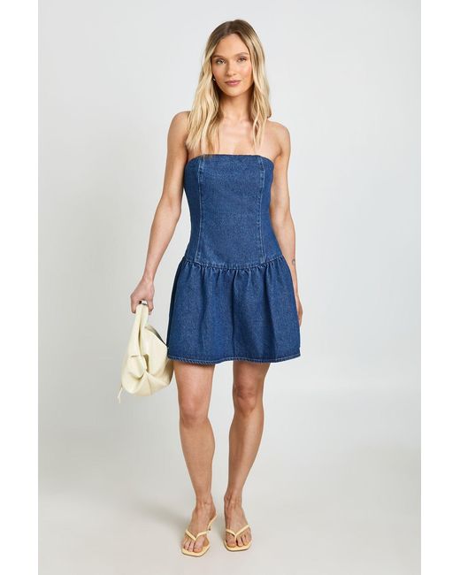 Boohoo Blue Petite Denim Bandeau Dropped Hem Dress