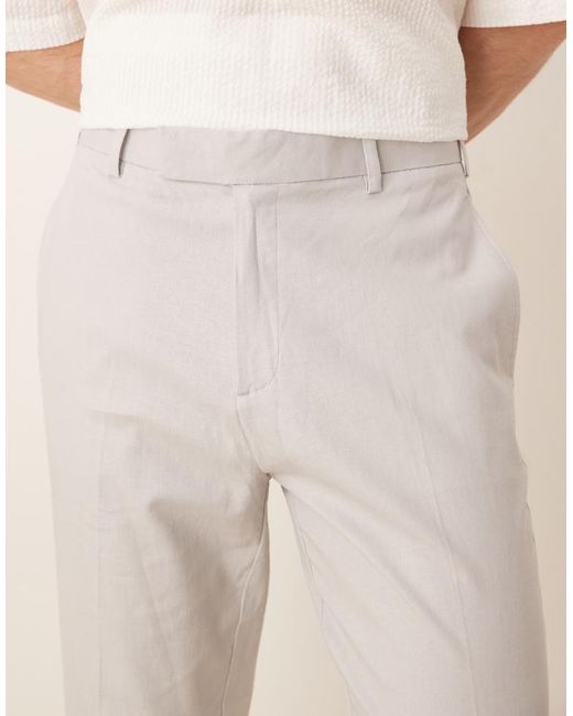 ASOS Natural Smart Tapered Fit Linen Blend Trousers for men