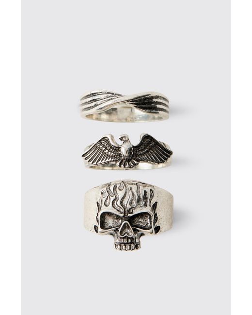 BoohooMAN Metallic 3 Pack Gothic Rings Zinc for men