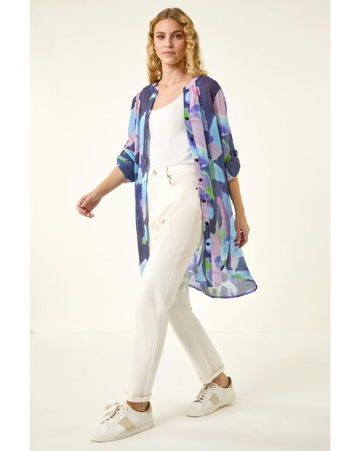 Roman Blue Abstract Print Button Longline Blouse