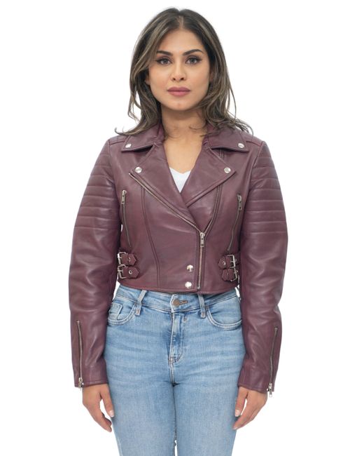 Infinity Leather Purple Cropped Brando Biker Jacket-Damascus