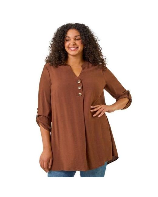 Roman Brown Curve Textured Buttoned Tunic Top