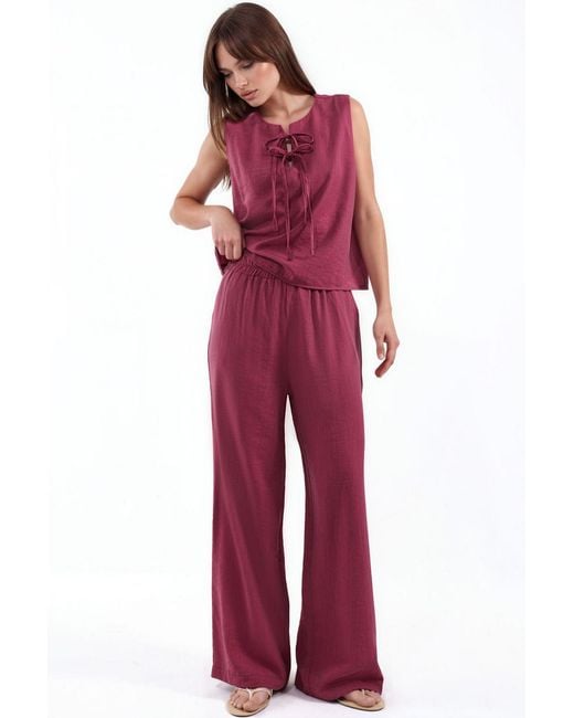 Hiccup Red Viscose Blend Blouse With Tie Detail & Elastic Waist Pants Set