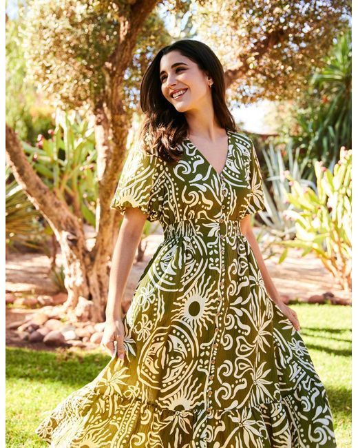 Blue Vanilla Yellow Printed Puff Sleeve Shirred Waist Midi Dress