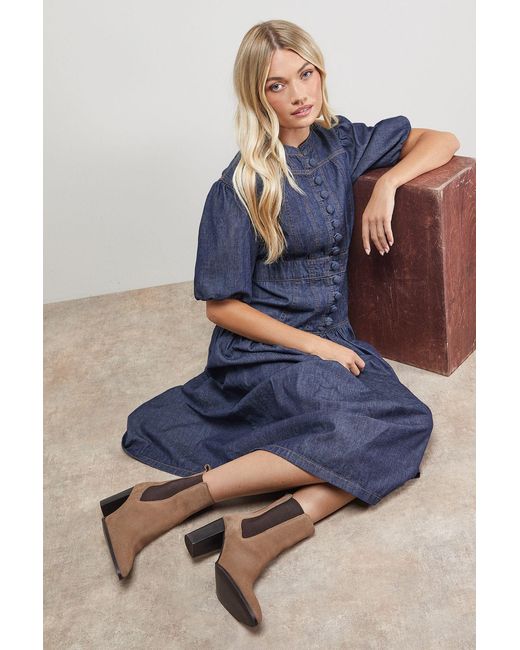 Oasis Blue Moss Suede Chelsea High Block Heel Ankle Boots