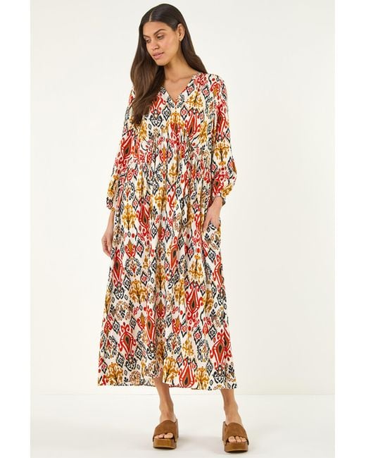 Roman Orange Abstract Print Empire Waist Dress