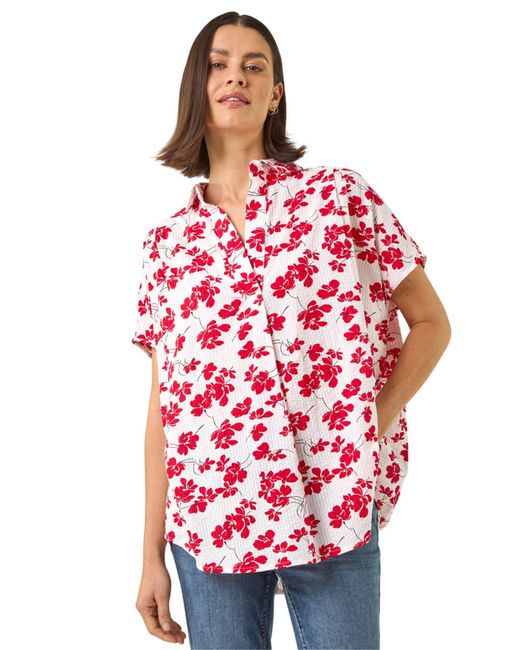 Roman Red Floral Print Pleat Neck Top