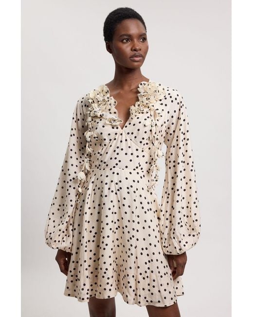 Karen Millen Natural Applique Spot Printed Woven Cold Shoulder Mini Dress