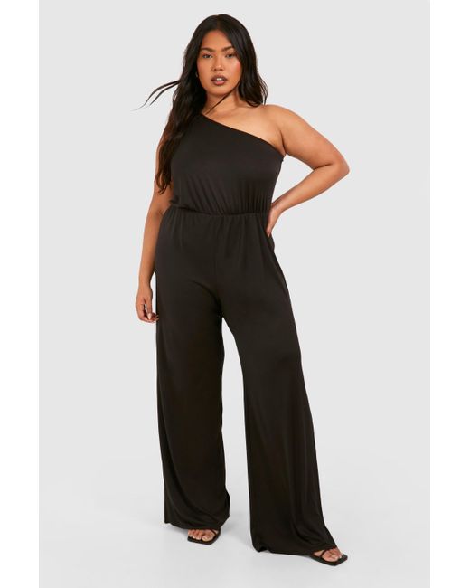 Boohoo Black Plus Super Soft Basic One Shoulder Beach Jumpsuit