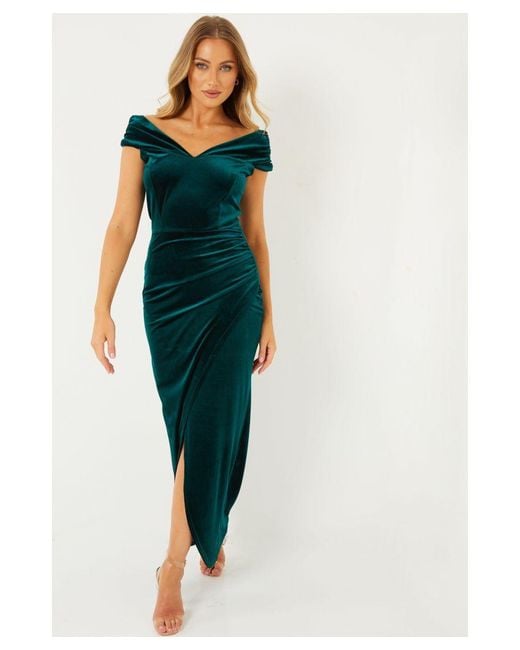 Quiz Blue Green Velvet Bardot Maxi Dress