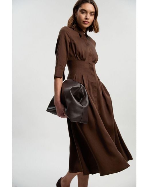 Karen Millen Brown Tailored Linen Darted Waist Midi Dress