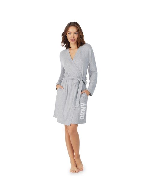 DKNY Gray Cotton Logo Short Robe Marl