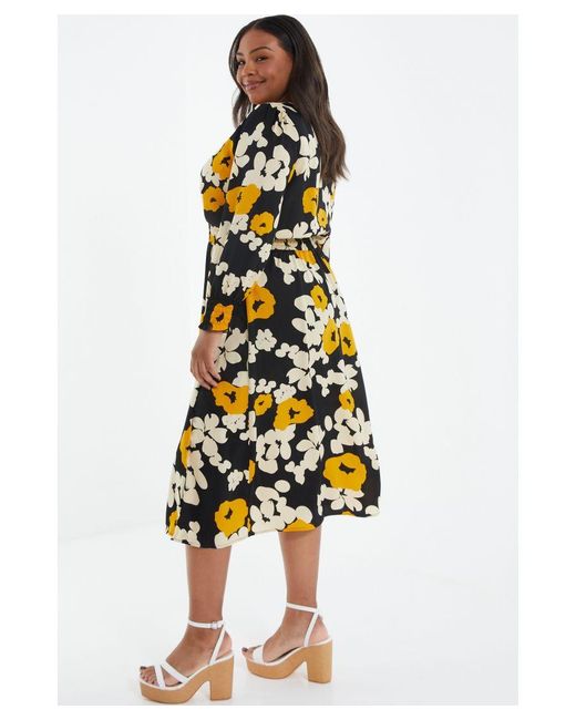 Quiz Yellow Curve Floral Wrap Midi Dress