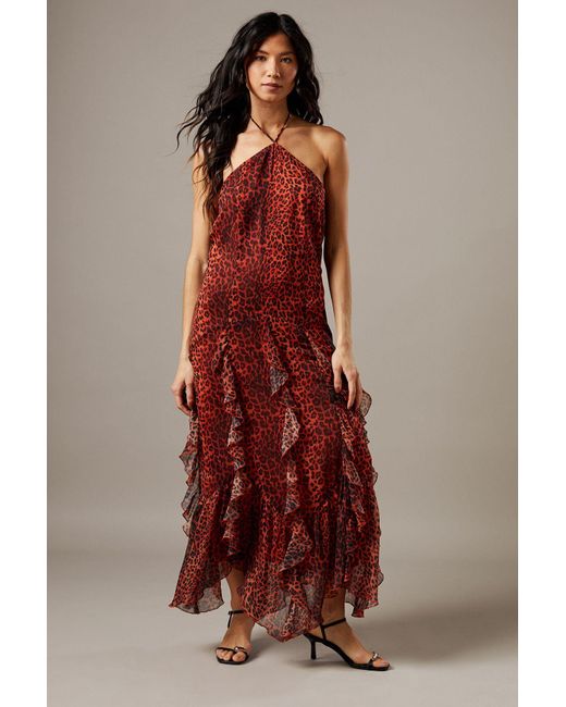 Warehouse Multicolor Chiffon Halter Tendril Ruffle Midi Dress