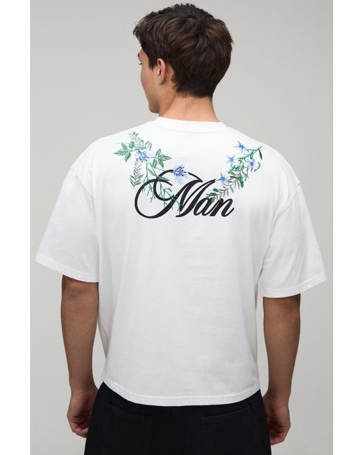 BoohooMAN White Oversized Boxy Floral Embroidered Heavyweight T-Shirt for men