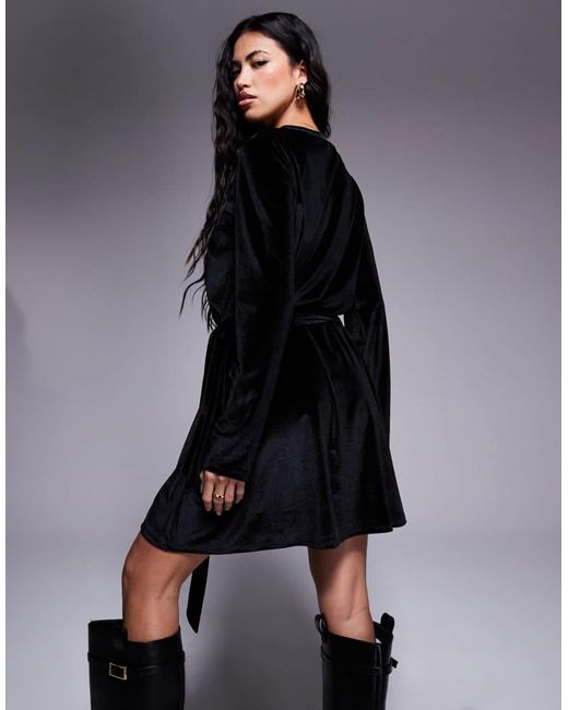 ASOS Black Velvet Cord Tie Waist Mini Dress