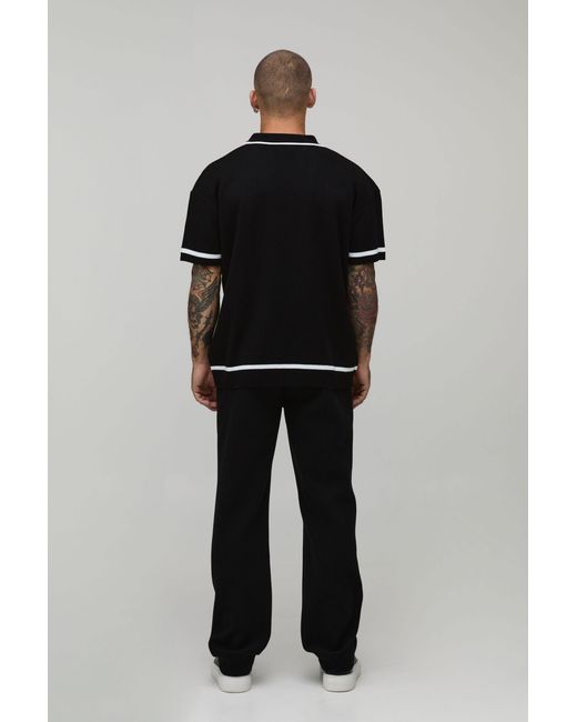 BoohooMAN Black Essential Relaxed Fit Contrast Tip Knit Polo for men