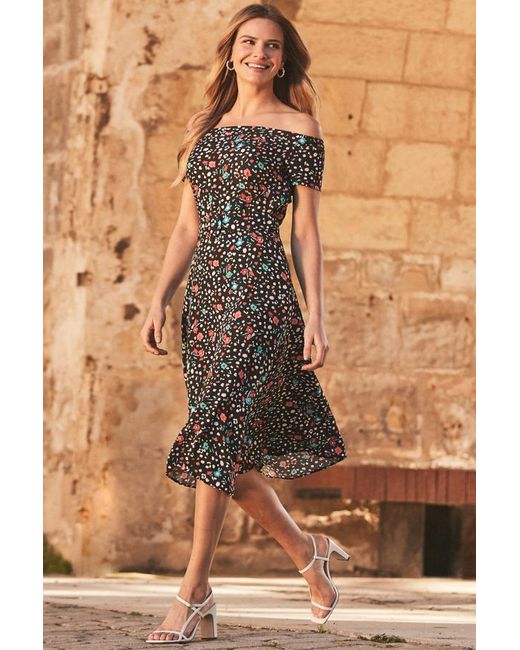 Sosandar Brown Ditsy Floral Print Belted Bardot Dress