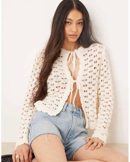 ASOS Natural Knitted Tie Front Cardigan With Flared Sleeve