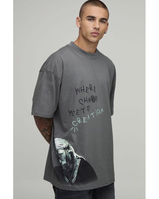 BoohooMAN Gray Oversized Travis Scott License Printed T-Shirt for men