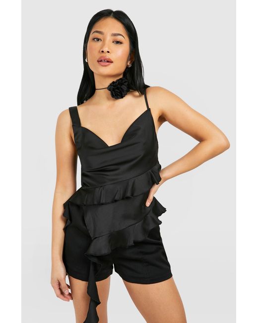 Boohoo Black Petite Satin Ruffle Detail Top
