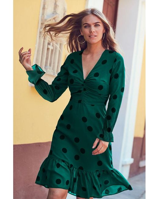 Sosandar Green Spot V Neck Fit & Flare Dress