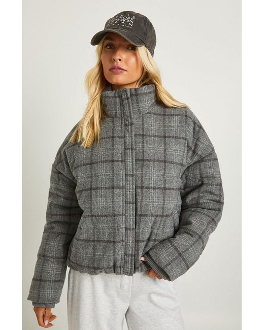 Boohoo Gray Check Puffer Jacket
