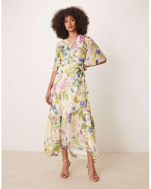 Hope & Ivy Natural Frill Sleeve Maxi Wrap Dress With Tie Waist