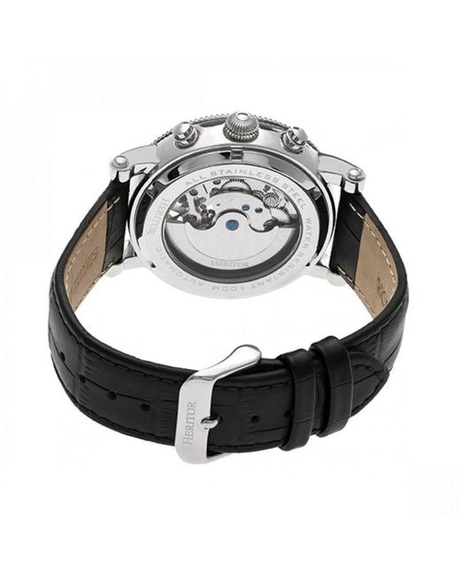 Heritor Black Winston Semi-Skeleton Leather-Band Watch for men