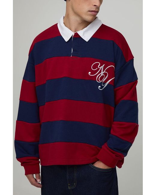 BoohooMAN Oversized Boxy Ny Embroidered Stripe Rugby Polo for men