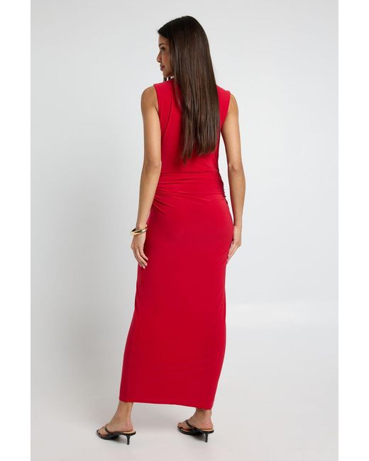 Boohoo Red Double Layer Slinky Trim Detail Ruched Maxi Dress