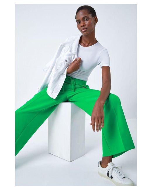 Roman Green Wide Leg Elastic Waist Tie Front Trouser