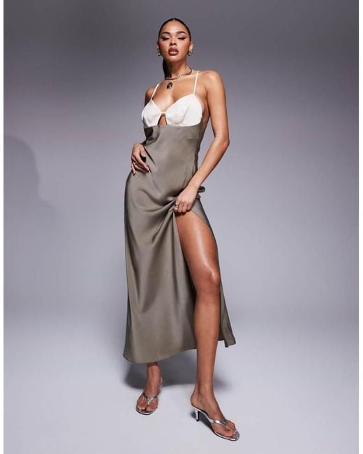 ASOS Gray Satin Cami Maxi Dress With Colourblock Bodice