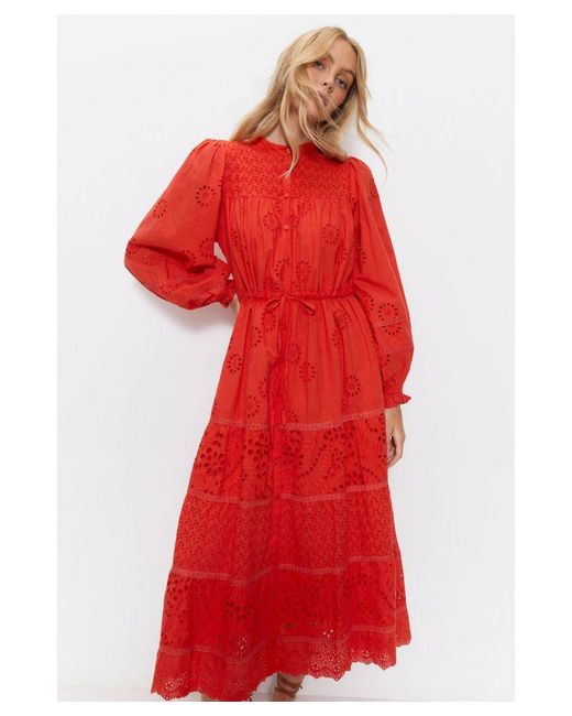 Warehouse Red Broderie Drawstring Waist Midi Dress