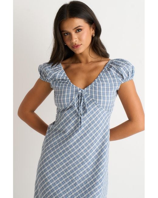 Gini London Blue V Neck Textured Gingham Midi Dress