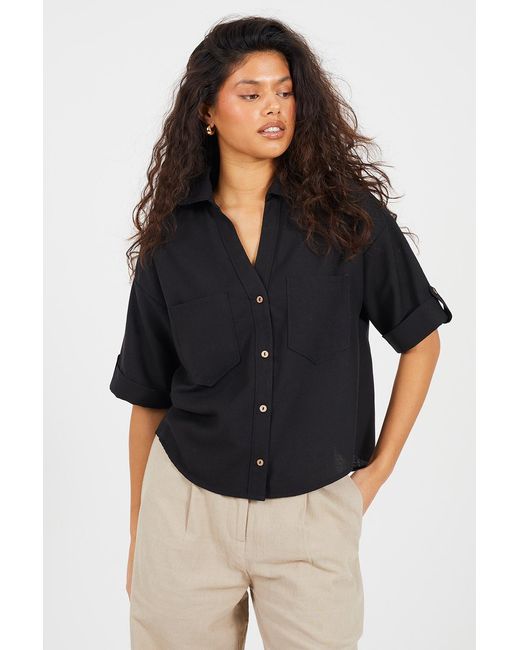 Brave Soul Black V-Neck Button Through Short Sleeve Shirt