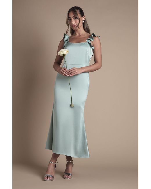 Oasis Green Ruffle Square Neck Satin Bridesmaid Midi Dress