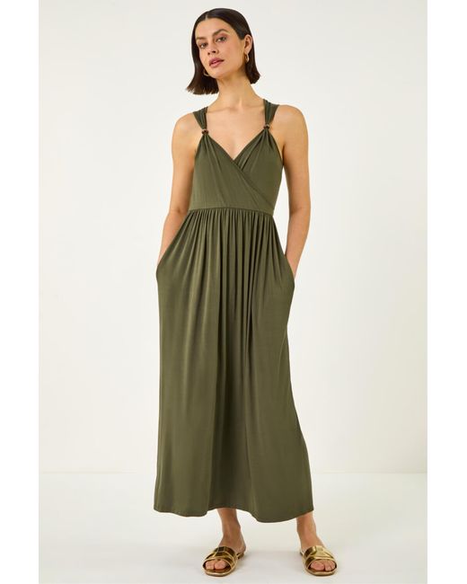 Roman Green Bead Detail Wrap Front Midi Dress