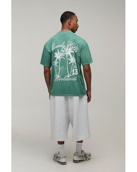 BoohooMAN Green Oversized Beverly Hills Palm Washed T-Shirt for men
