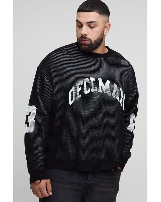 BoohooMAN Blue Plus Ribbed Knit Oversized Distressed Varsity Sweater for men