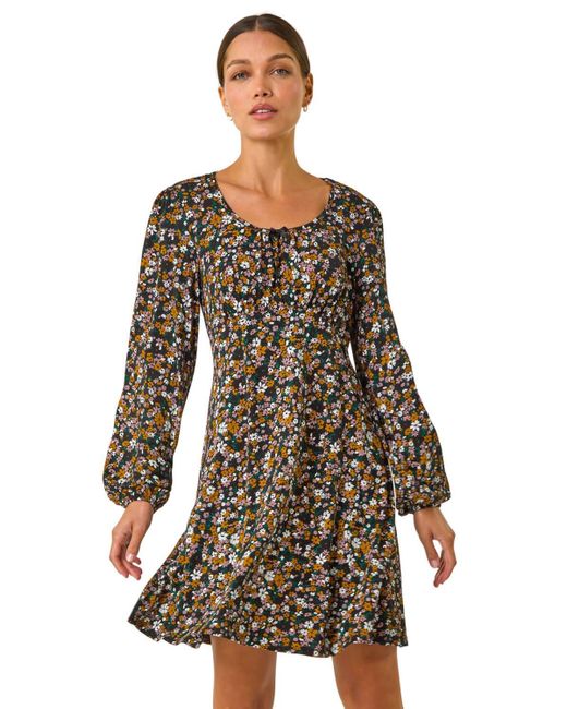 Roman Yellow Floral Print Bow Detail Stretch Dress