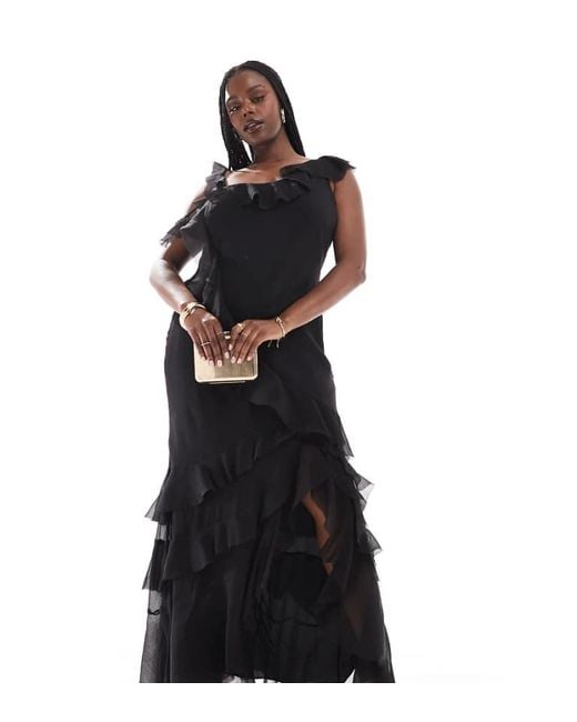 ASOS Black Design Asymmetric Shoulder Bias Cut Maxi Dress With Ruffle Details