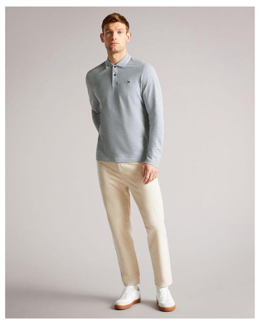 Ted Baker Gray Fulhumm Long-Sleeved Polo Shirt, Light Cotton for men
